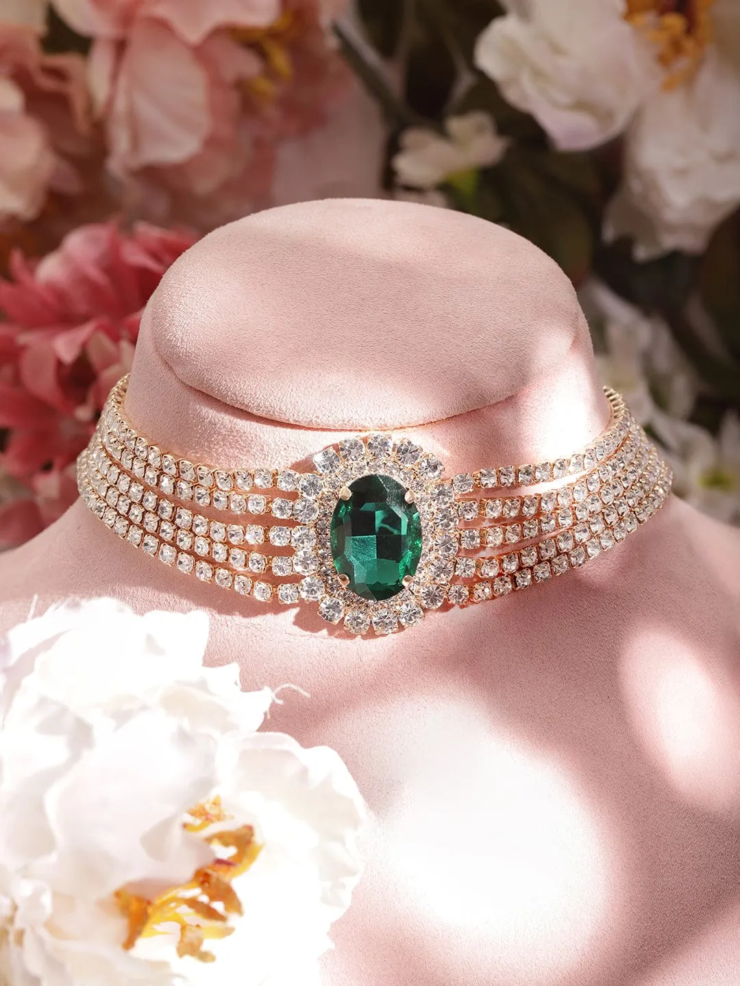 Rubans 22 KT Gold-Plated Emerald Studded Choker Adorned With Sparkling Ad Accents