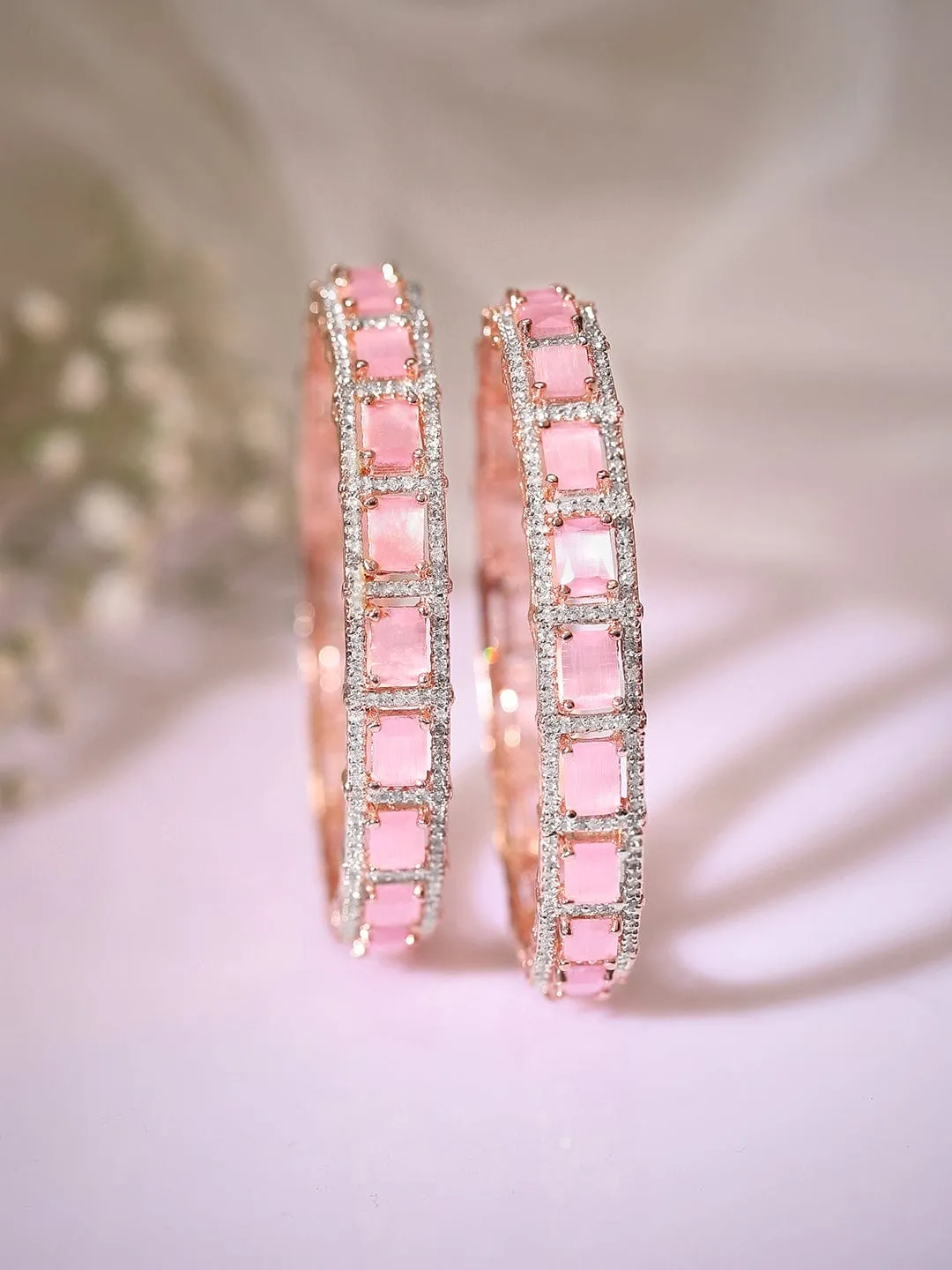 Rubans Rose Gold Plated Pink Stone Studded Zircon Stones Set of 2 Bangles.