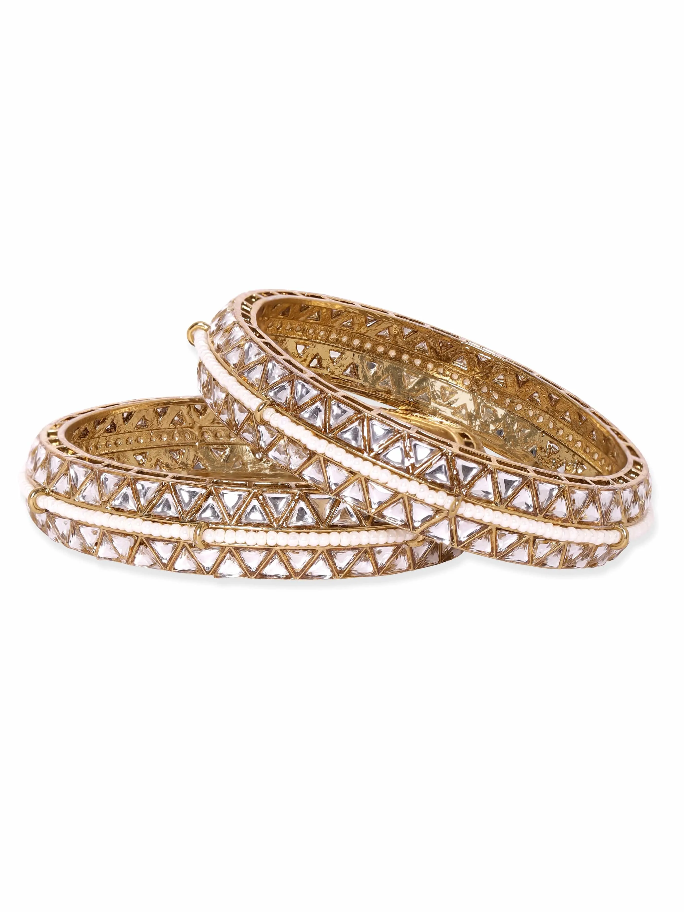 Rubans Set of 2, Antique gold plated Kundan studded pearl beaded statement bangles