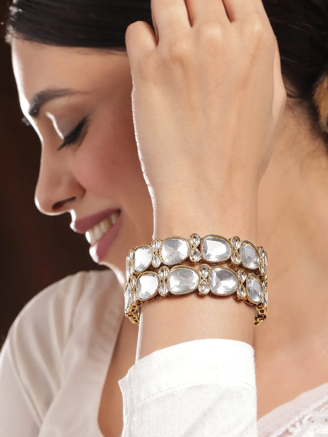 Rubans Set of 2 Rhodium-Plated Crystal White Cubic Zirconia Studded Premium Bangles