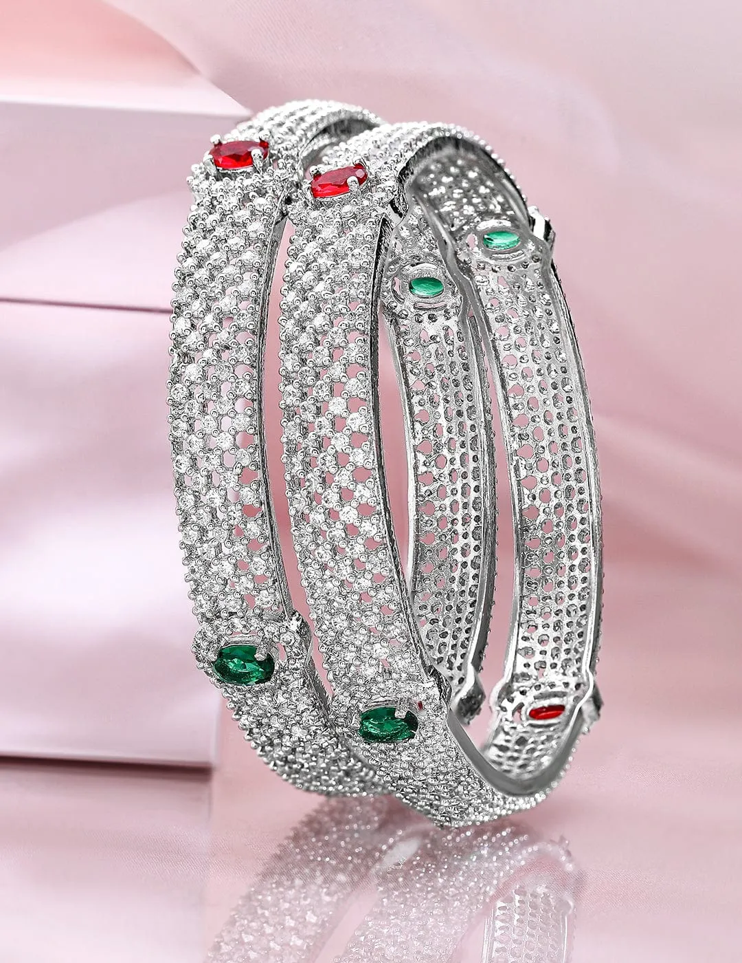 Rubans Set of 2 Rhodium-Plated Ruby Emerald and Cubic Zirconia Studded Premium Bangles