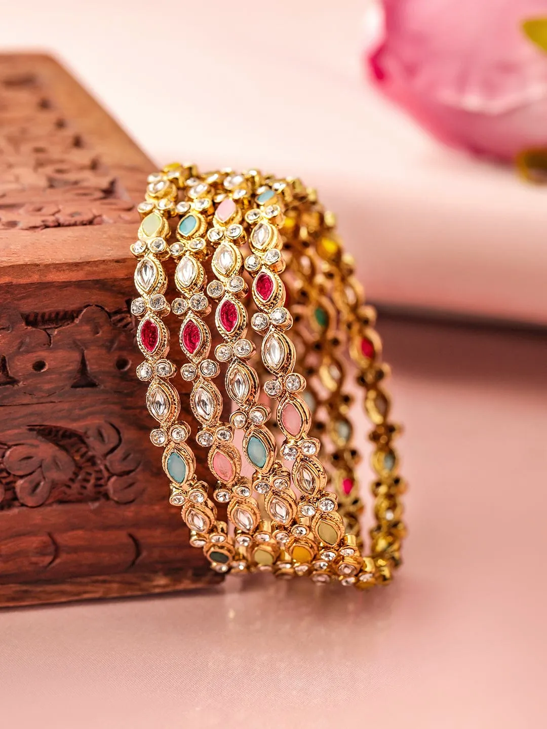 Rubans Set of 4 18K Mehandi Gold-Plated Multicolor Kundan & Gemstone Studded Bangles