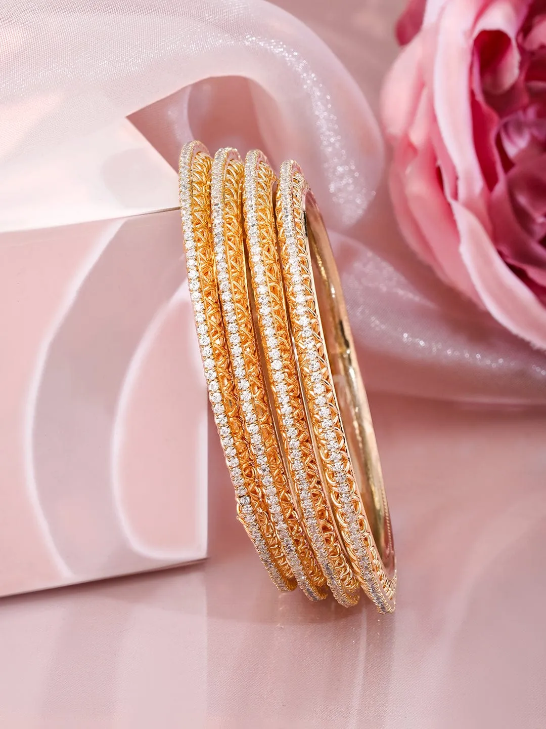 Rubans Set of 4 22K Gold-Plated Cubic Zirconia Studded Bangles