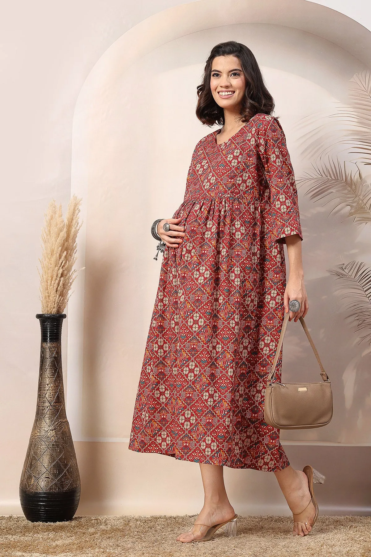 Rust Printed Maternity Feeding Dress