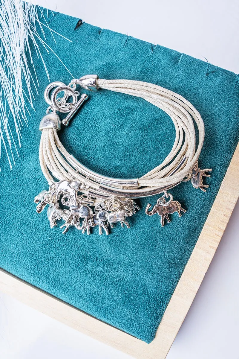 SALE! Silvertone and Ivory Elephant Charm Multi-Strand Bracelet