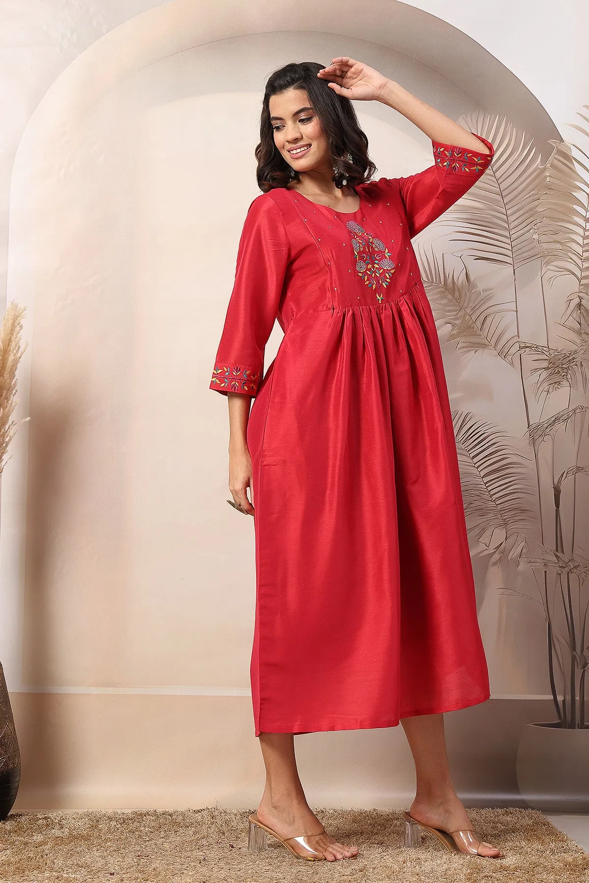 Scarlet Blossom Maternity Feeding Dress with Embroidered Yoke