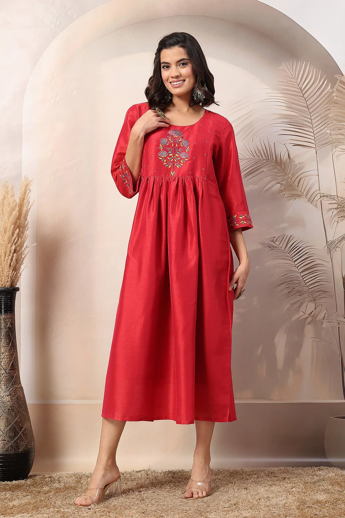 Scarlet Blossom Maternity Feeding Dress with Embroidered Yoke