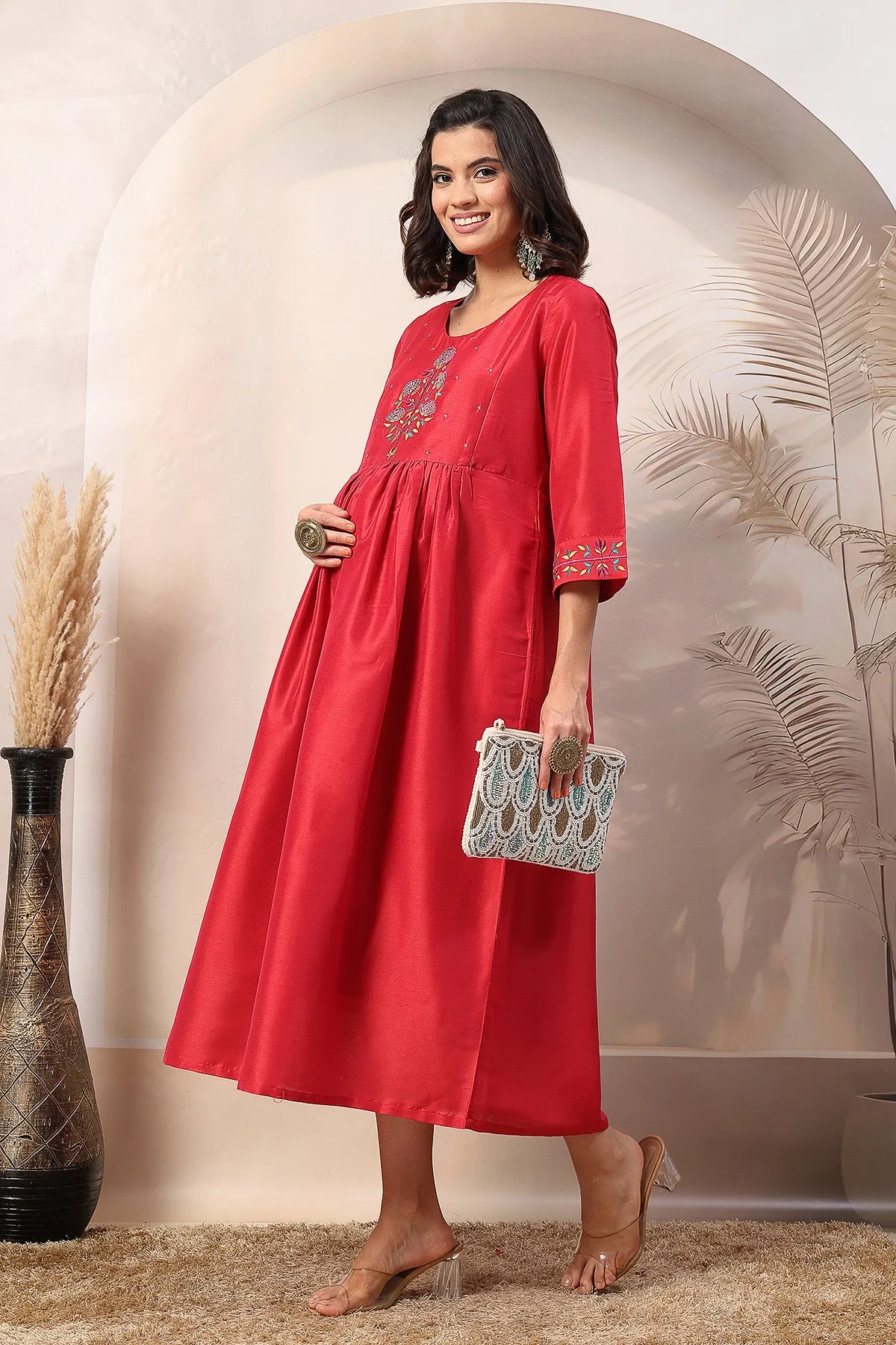 Scarlet Blossom Maternity Feeding Dress with Embroidered Yoke