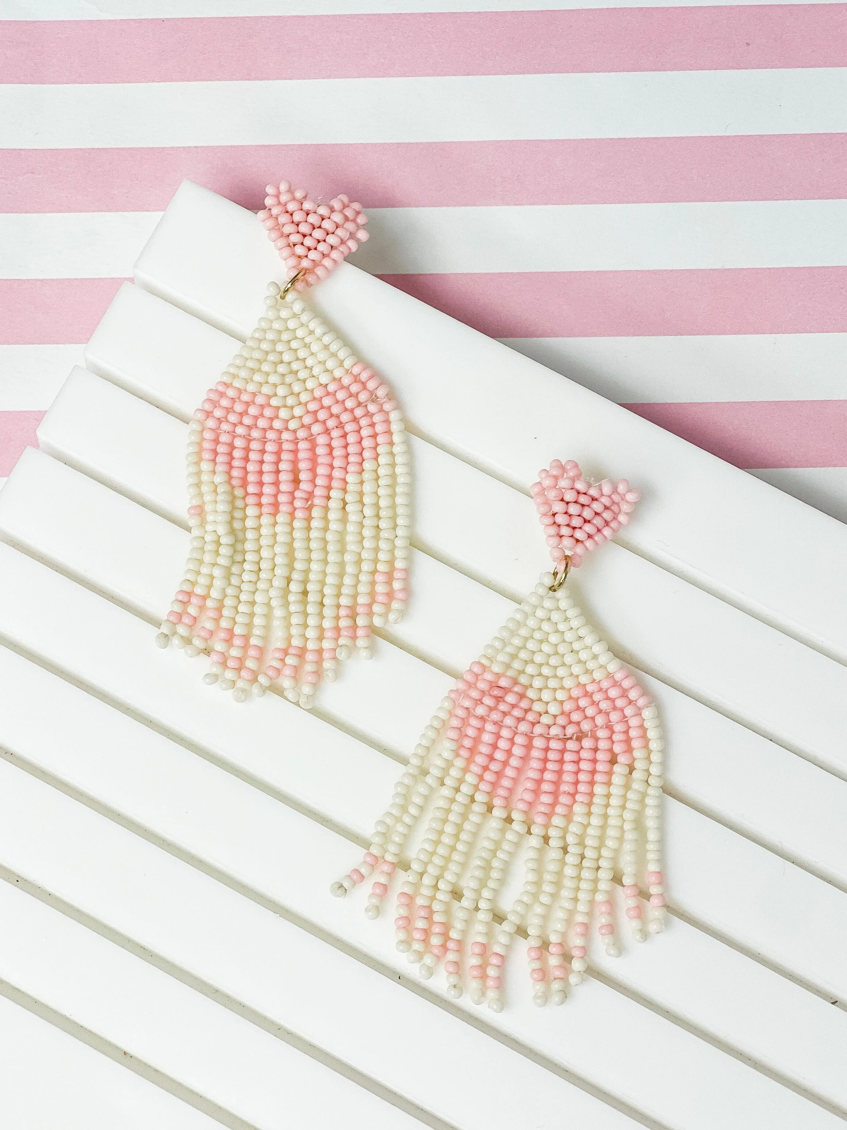 Seed Bead Tassel Heart Earrings - Pink