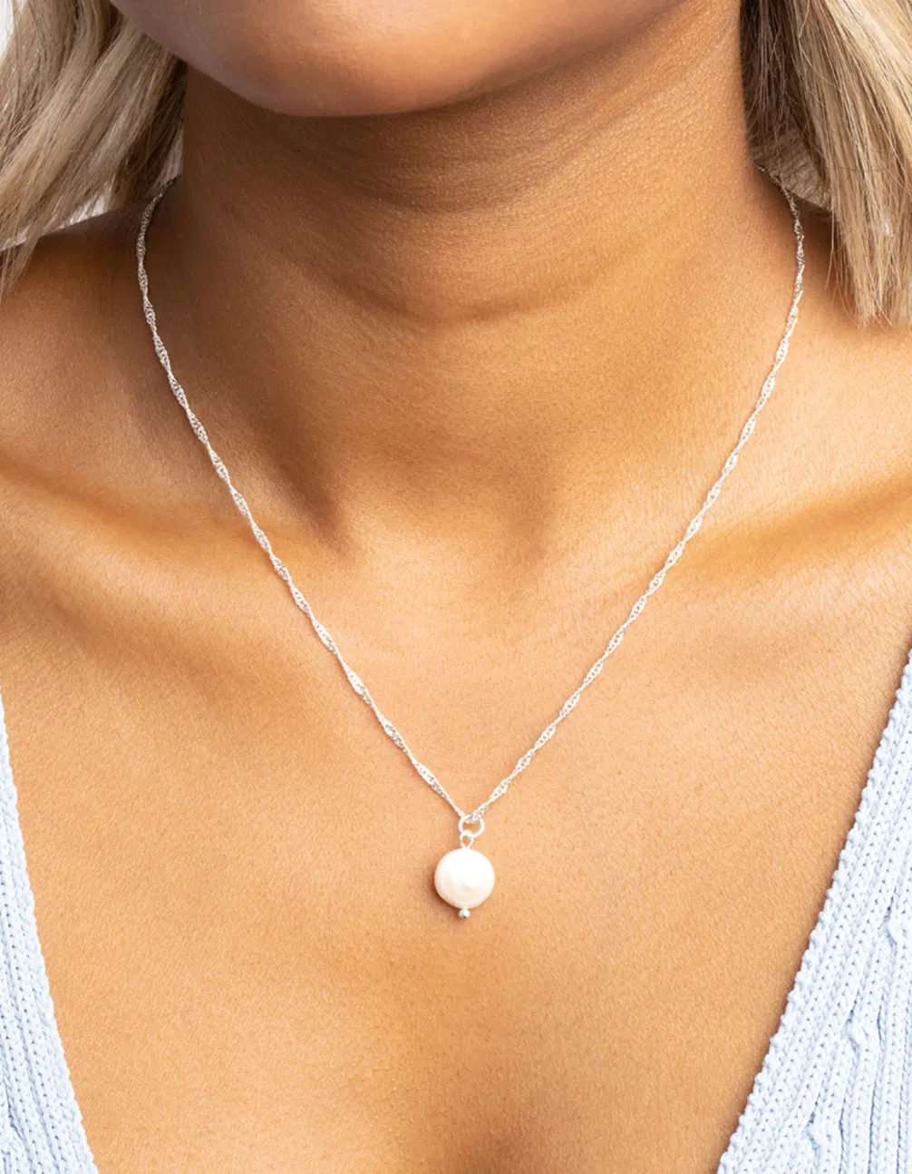 Silver Plated Brass  Flat Pearl Necklace