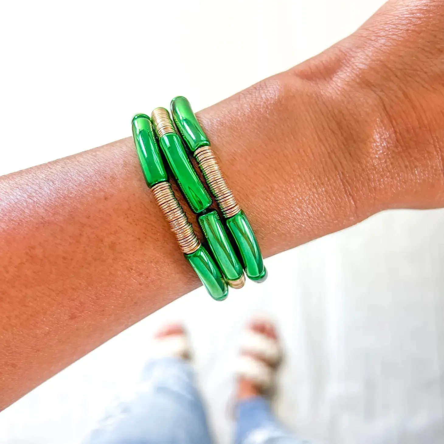 Small Christmas Green, Acrylic Tube Bamboo Bracelet | Metallic Green