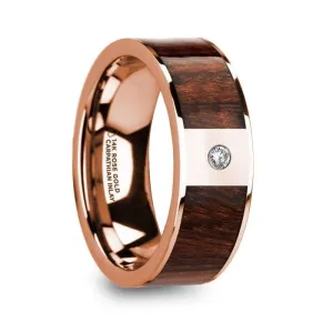 SPIRIDON Men’s Diamond Center Polished 14k Rose Gold Wedding Band with Carpathian Wood Inlay - 8mm