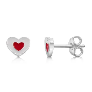 Sterling Silver Red White Enamel Heart Stud Earrings