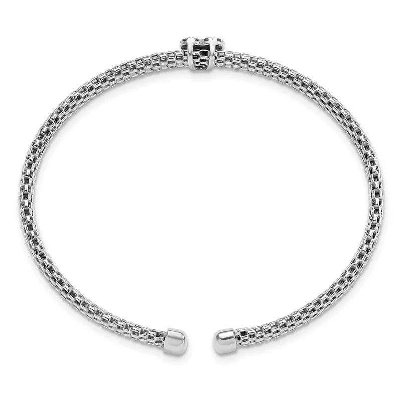 Sterling Silver Rhodium-plated Polished CZ Heart Mesh Cuff Bangle