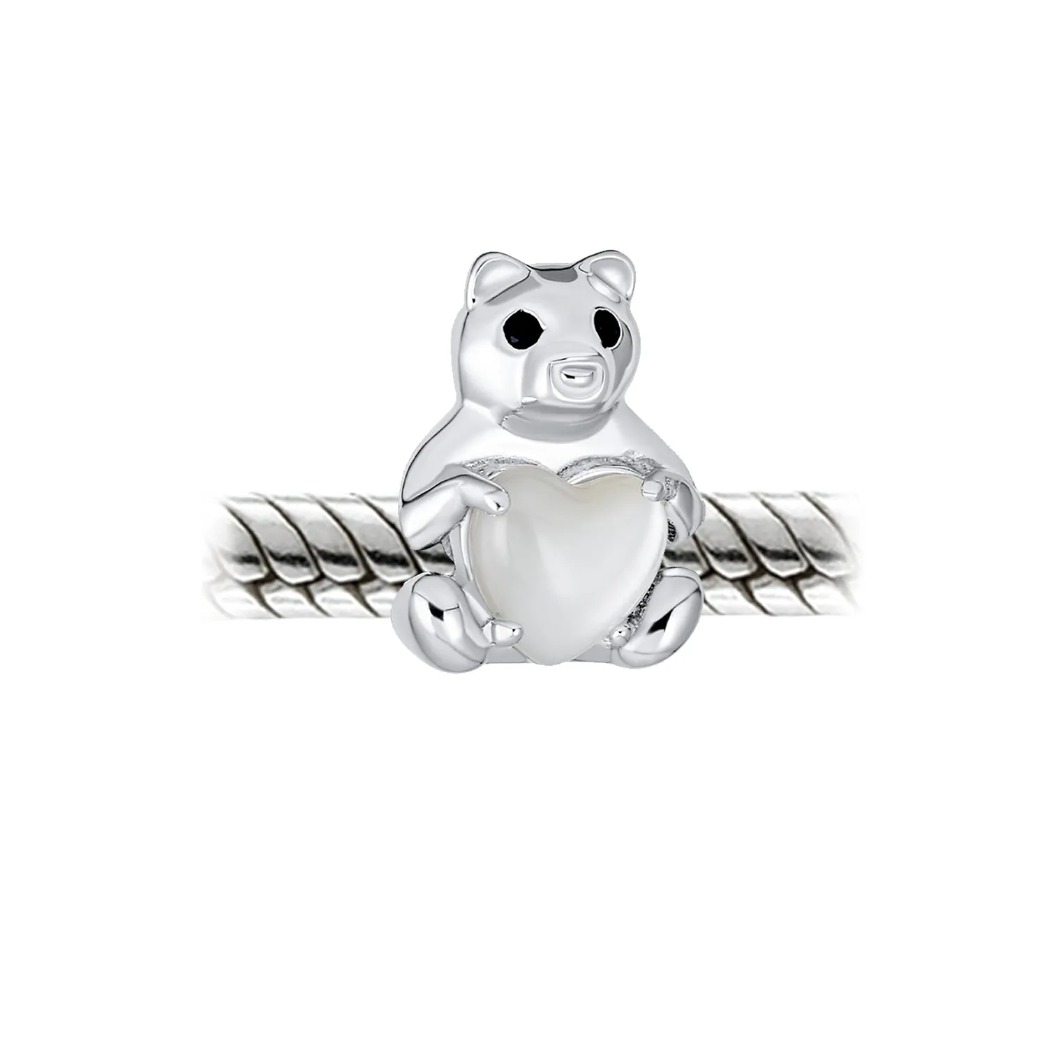 Teddy Bear Charm Bead with Heart Accent for Daughter - Sterling Silver MOP