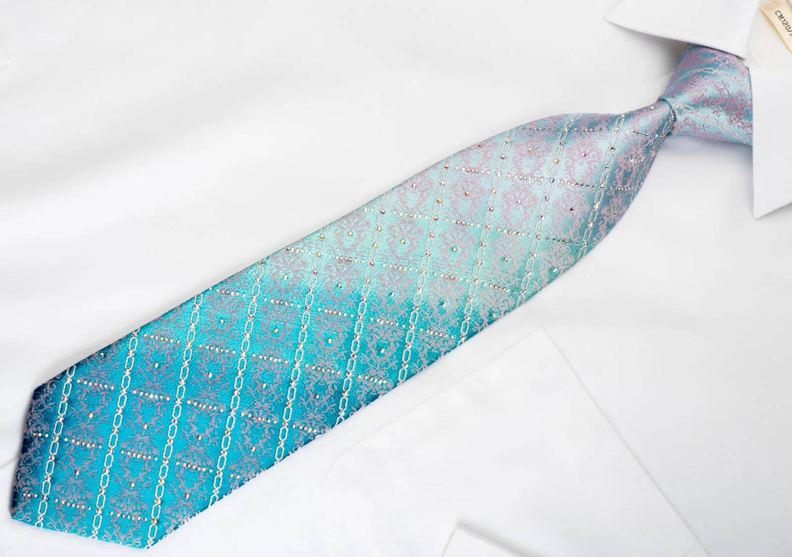 Ungaro Rhinestone Necktie Damask & Silver Chains On Turquoise With Sparkles