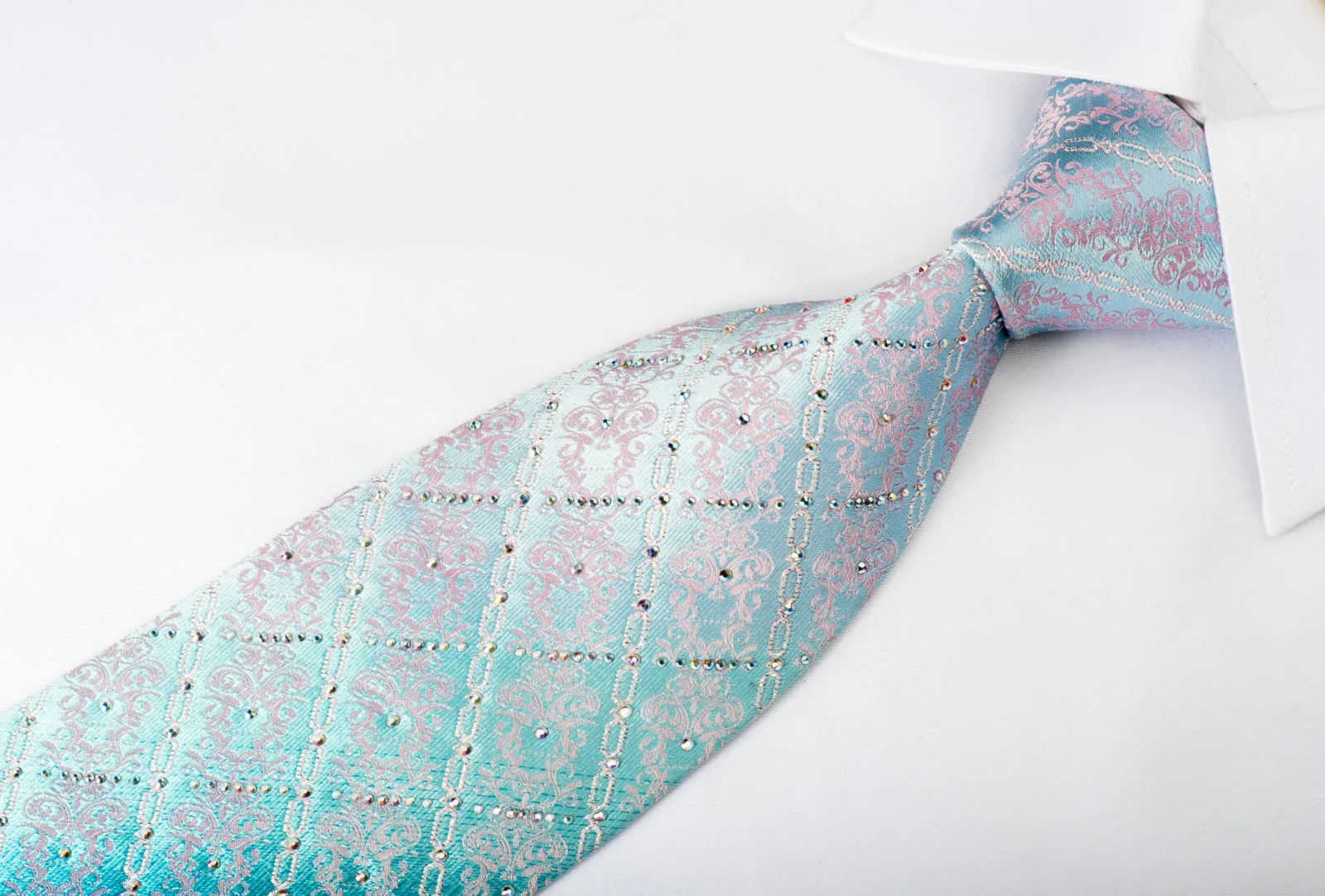 Ungaro Rhinestone Necktie Damask & Silver Chains On Turquoise With Sparkles