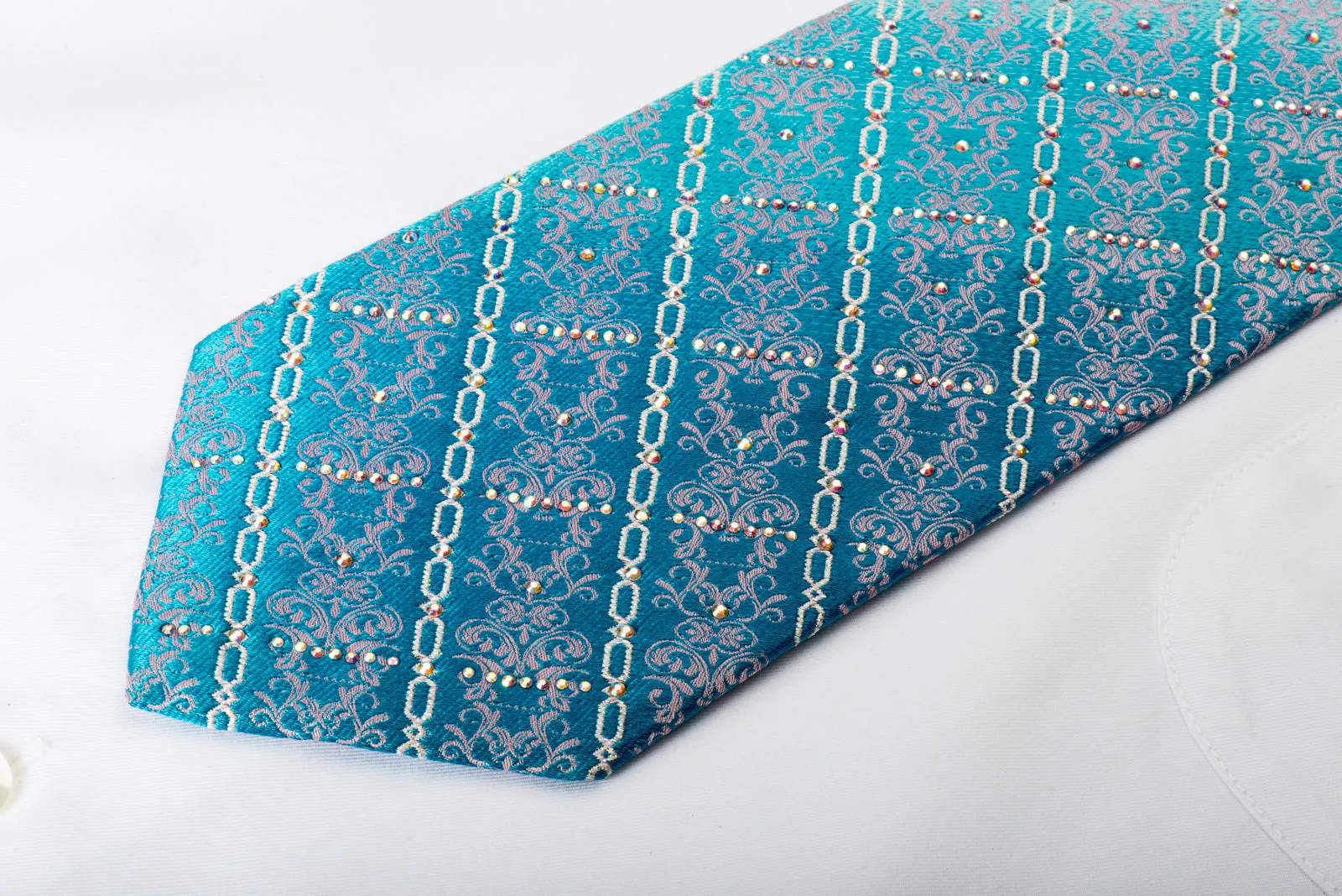 Ungaro Rhinestone Necktie Damask & Silver Chains On Turquoise With Sparkles