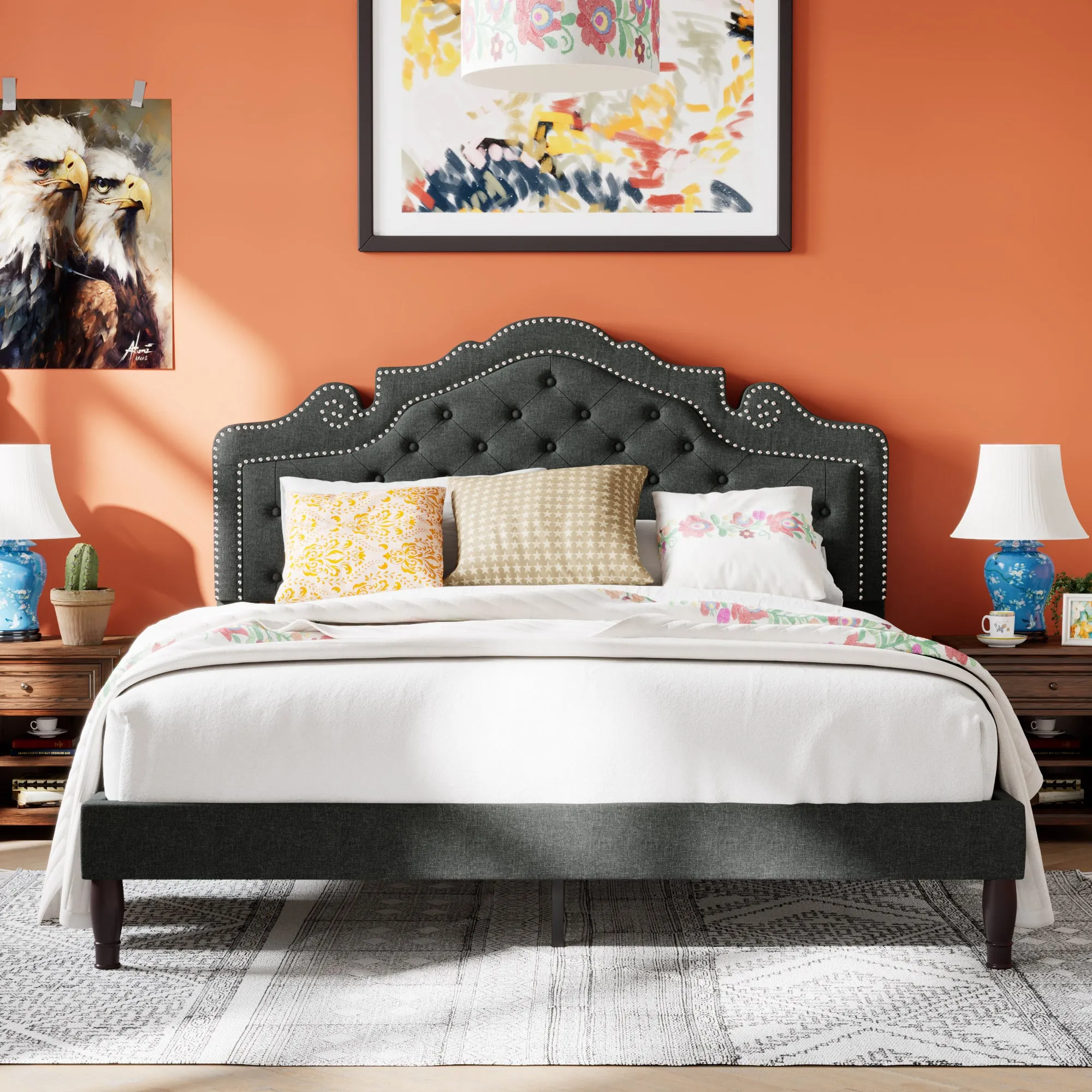 Upholstered Bed with Adjustable Headboard, Crown Bed, Diamond Button Tufted