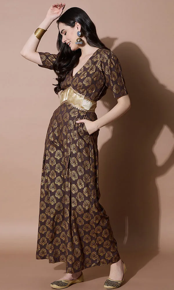 V-Neck Style Bronze and Gold Party Jumpsuit