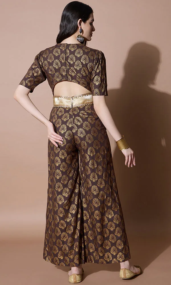 V-Neck Style Bronze and Gold Party Jumpsuit