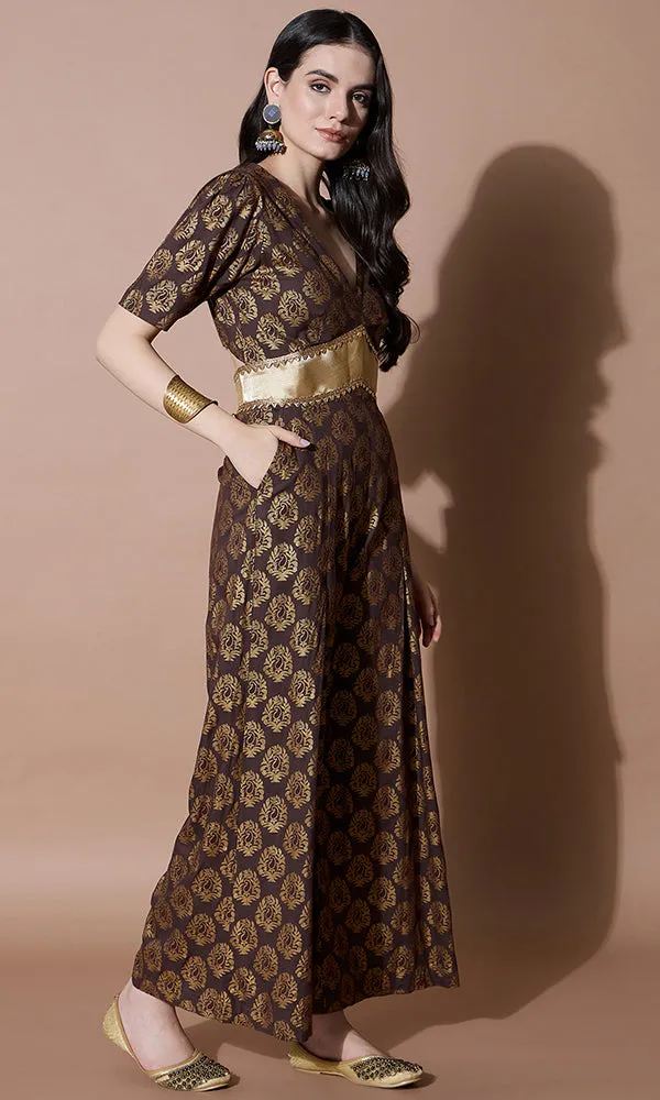 V-Neck Style Bronze and Gold Party Jumpsuit