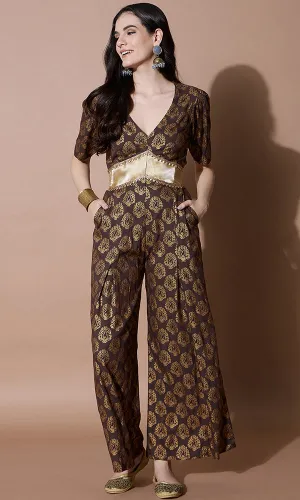 V-Neck Style Bronze and Gold Party Jumpsuit