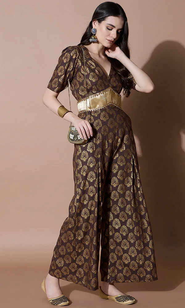 V-Neck Style Bronze and Gold Party Jumpsuit