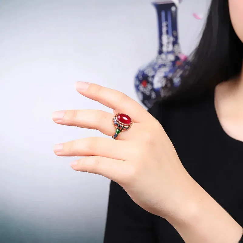 VAIGE Elegant Gold Carnelian Flower Enamel Rings in Vibrant Red and Gold