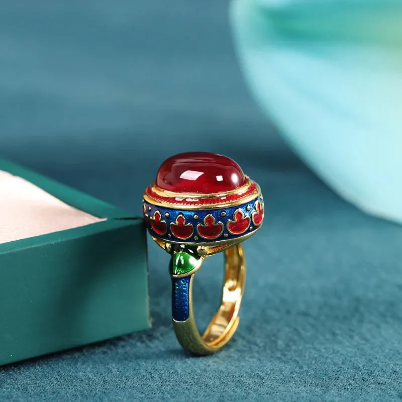 VAIGE Elegant Gold Carnelian Flower Enamel Rings in Vibrant Red and Gold