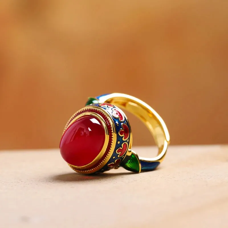 VAIGE Elegant Gold Carnelian Flower Enamel Rings in Vibrant Red and Gold