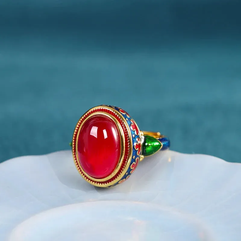 VAIGE Elegant Gold Carnelian Flower Enamel Rings in Vibrant Red and Gold