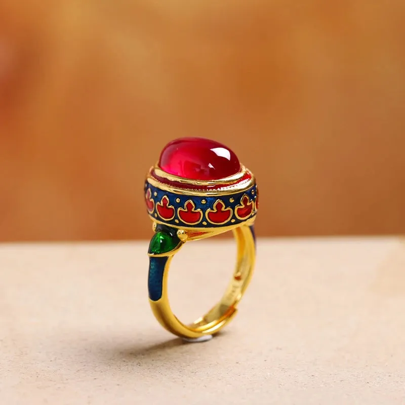 VAIGE Elegant Gold Carnelian Flower Enamel Rings in Vibrant Red and Gold