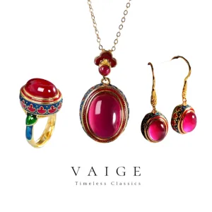 VAIGE Elegant Gold Carnelian Flower Enamel Rings in Vibrant Red and Gold