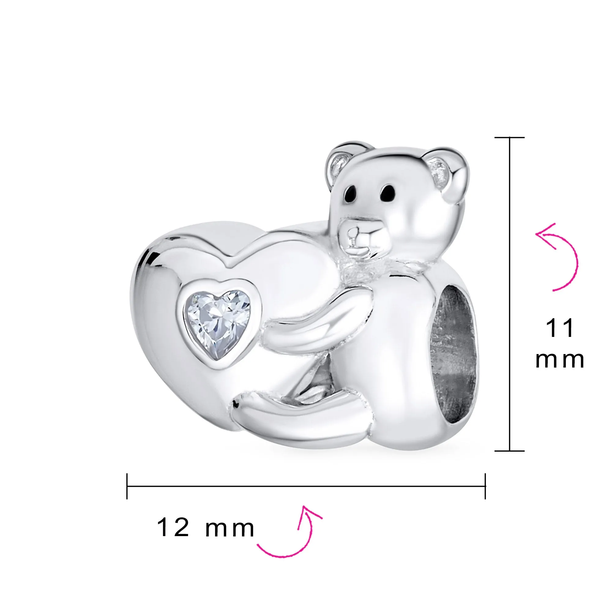 Valentine Heart Teddy Bear CZ Charm Bead for Tween Daughter Sterling Silver Bracelet