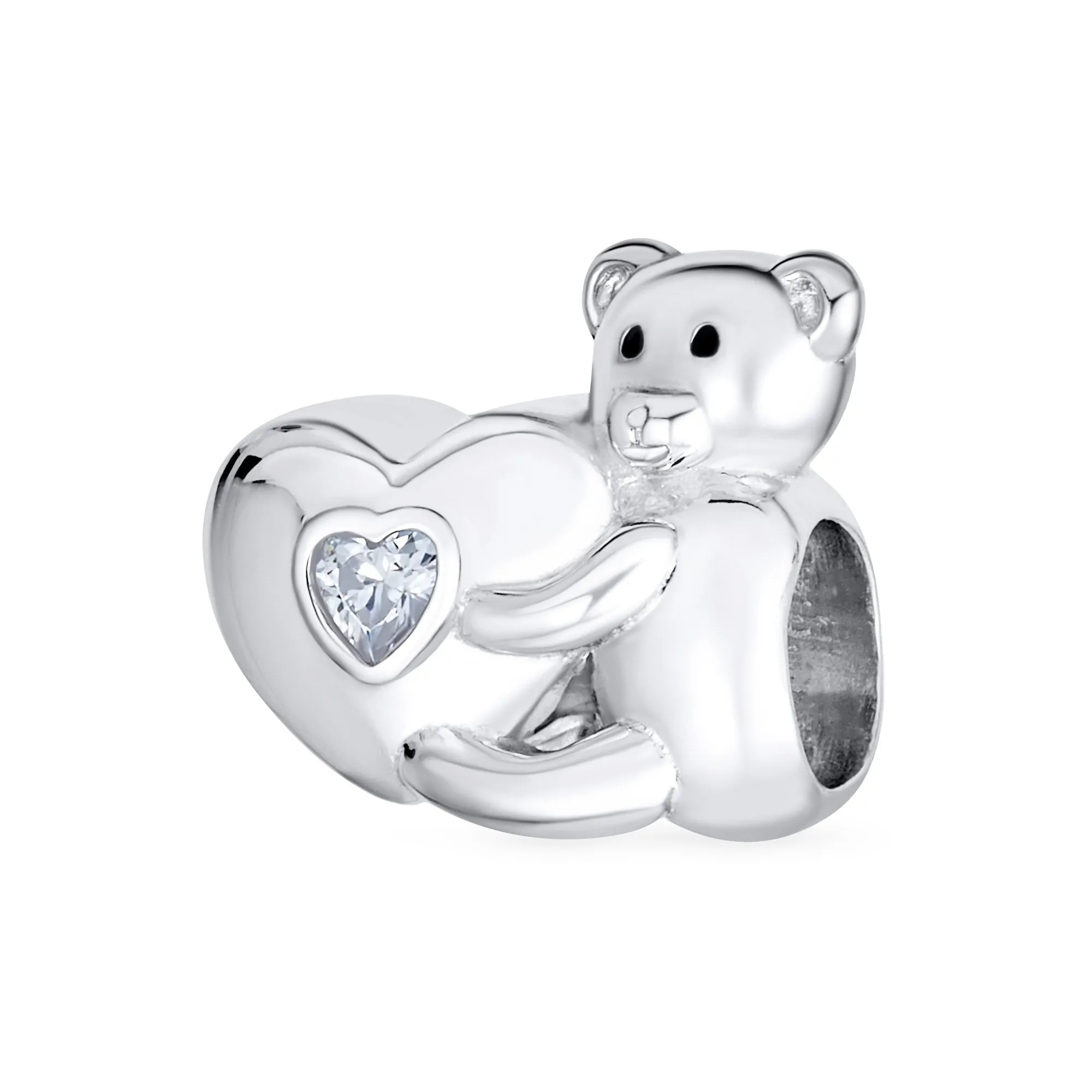 Valentine Heart Teddy Bear CZ Charm Bead for Tween Daughter Sterling Silver Bracelet