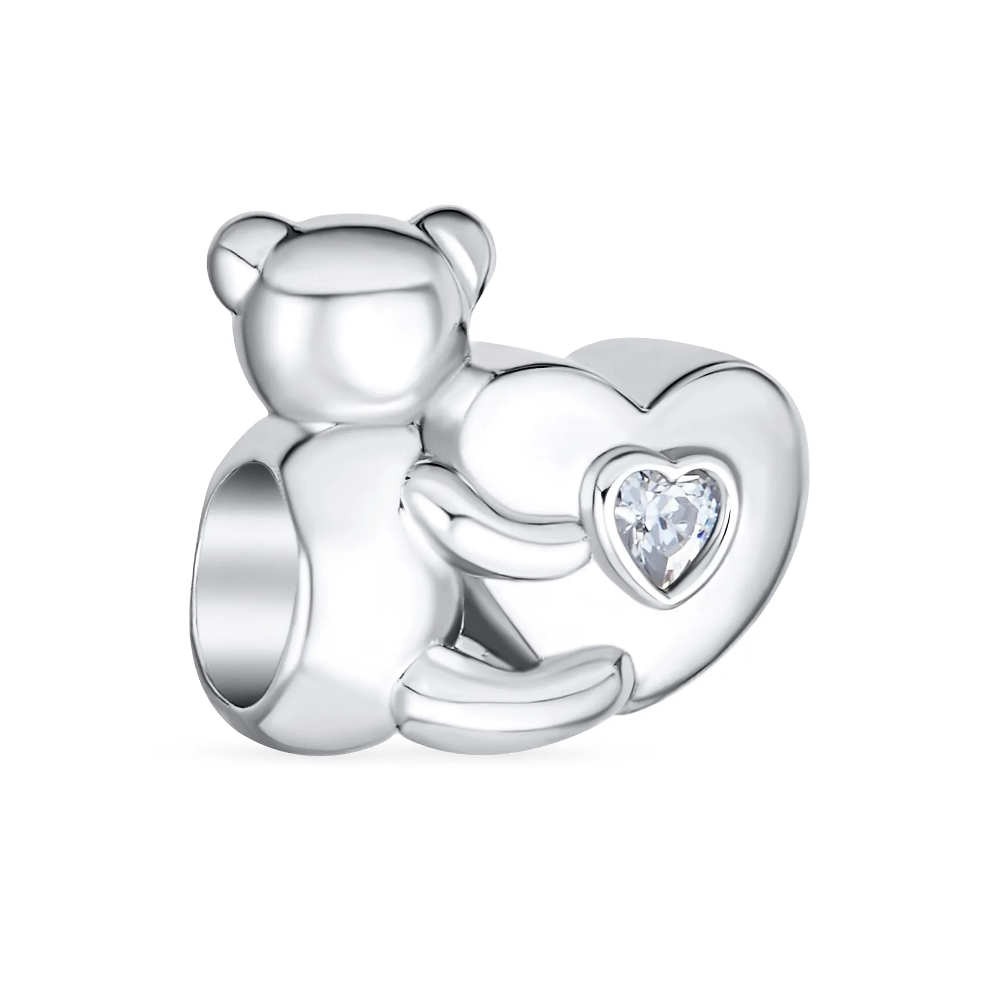 Valentine Heart Teddy Bear CZ Charm Bead for Tween Daughter Sterling Silver Bracelet