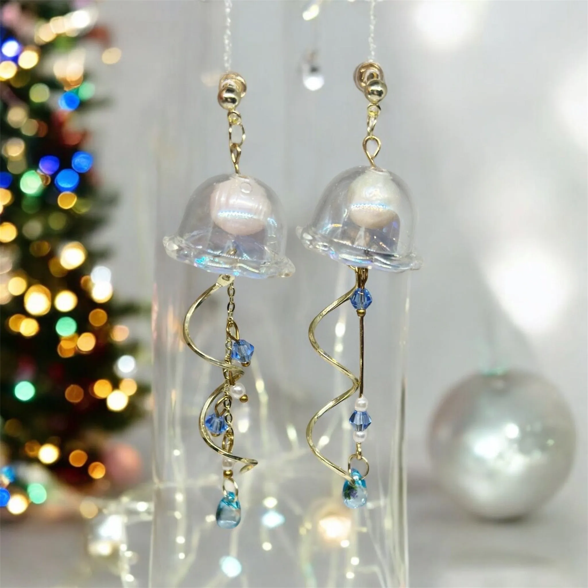 Whimsical - Blue sparkly clear Jellyfish earrings | sea creature zoology earrings | colourful clear iridescent dangle oversize earrings | halgoram earrings