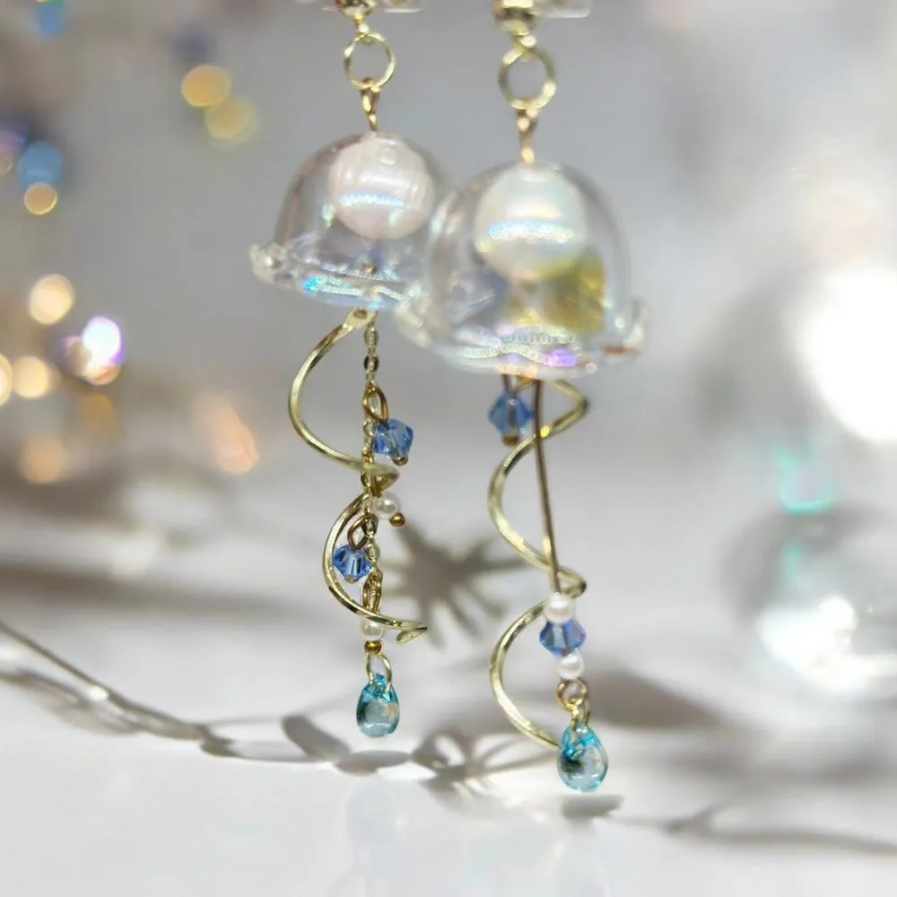 Whimsical - Blue sparkly clear Jellyfish earrings | sea creature zoology earrings | colourful clear iridescent dangle oversize earrings | halgoram earrings