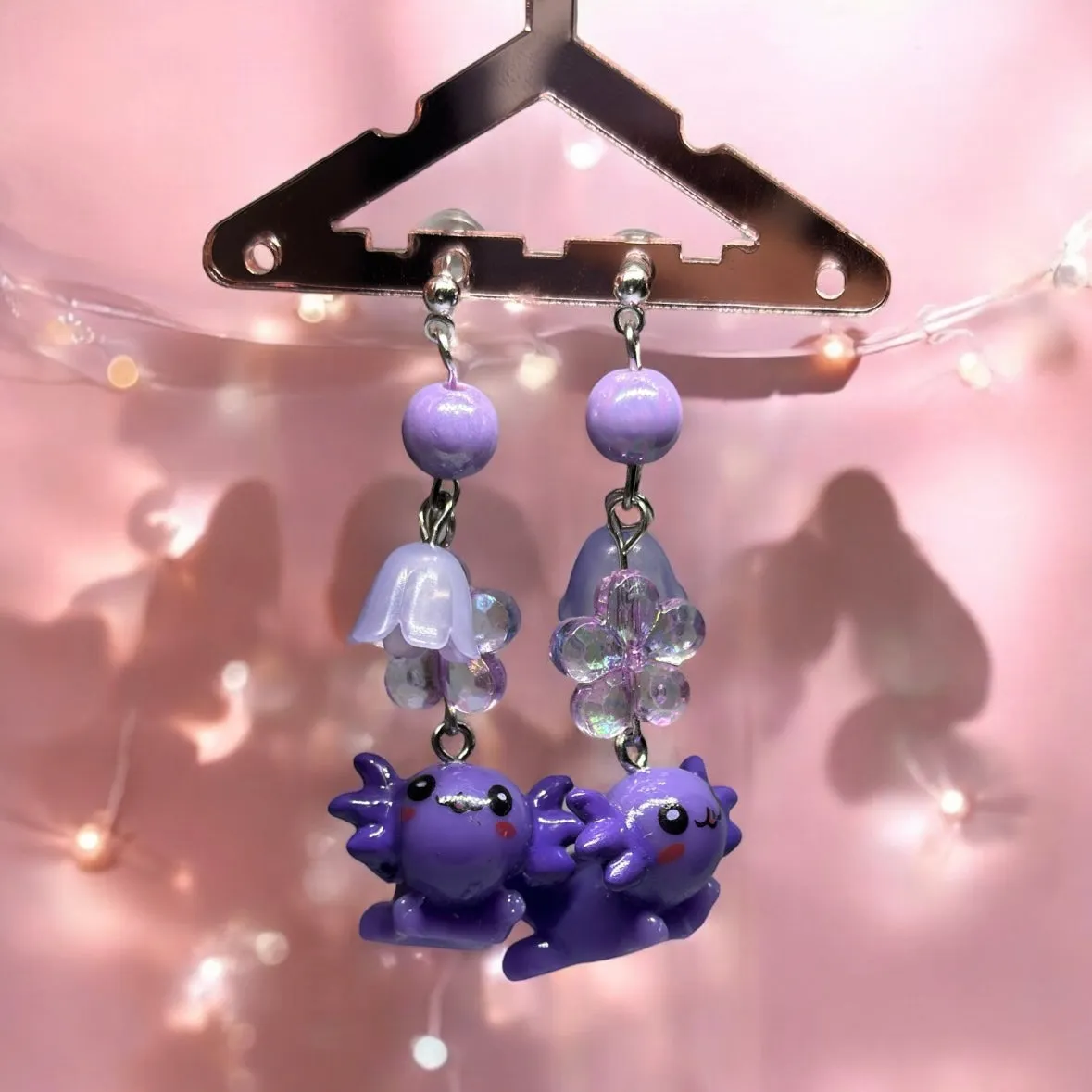 Y2K - Purple Axolotl earrings | 3d animal dangle earrings | cute kawaii art | sea creature earrings