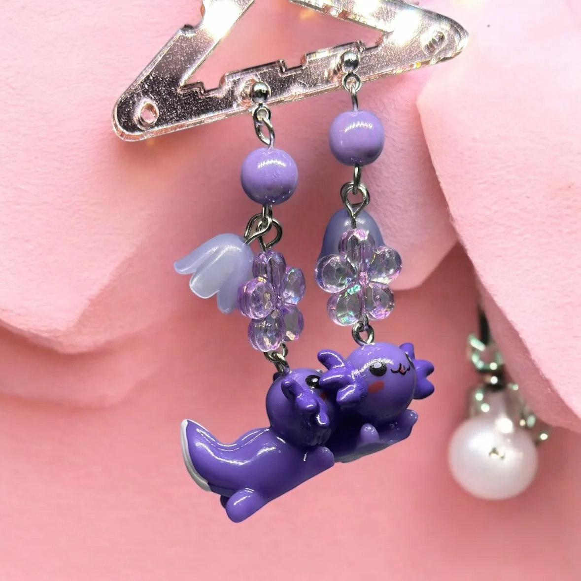 Y2K - Purple Axolotl earrings | 3d animal dangle earrings | cute kawaii art | sea creature earrings