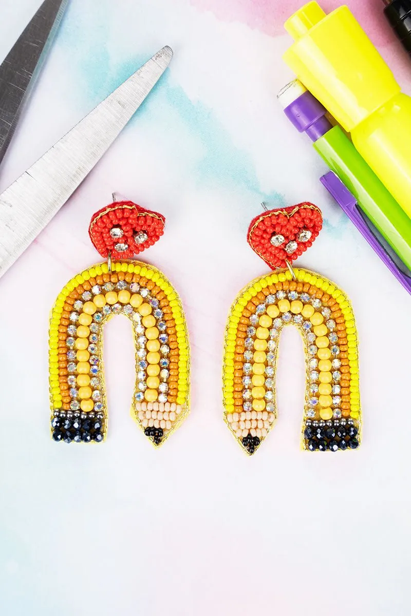 Yellow Crystal Pencil Rainbow Seed Bead Earrings